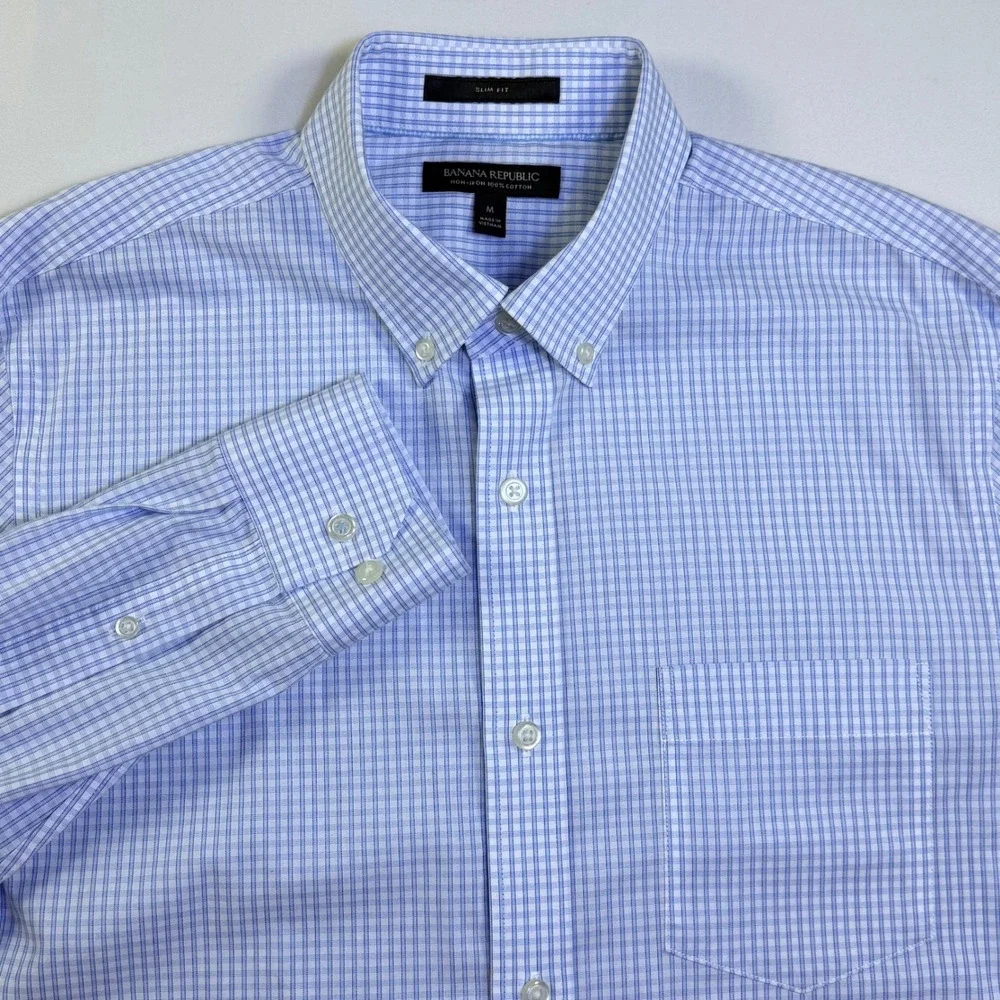 Banana Republic Mens Slim Fit Non-Iron‎ Dress Shirt Blue Gingham Check M 15-15.5